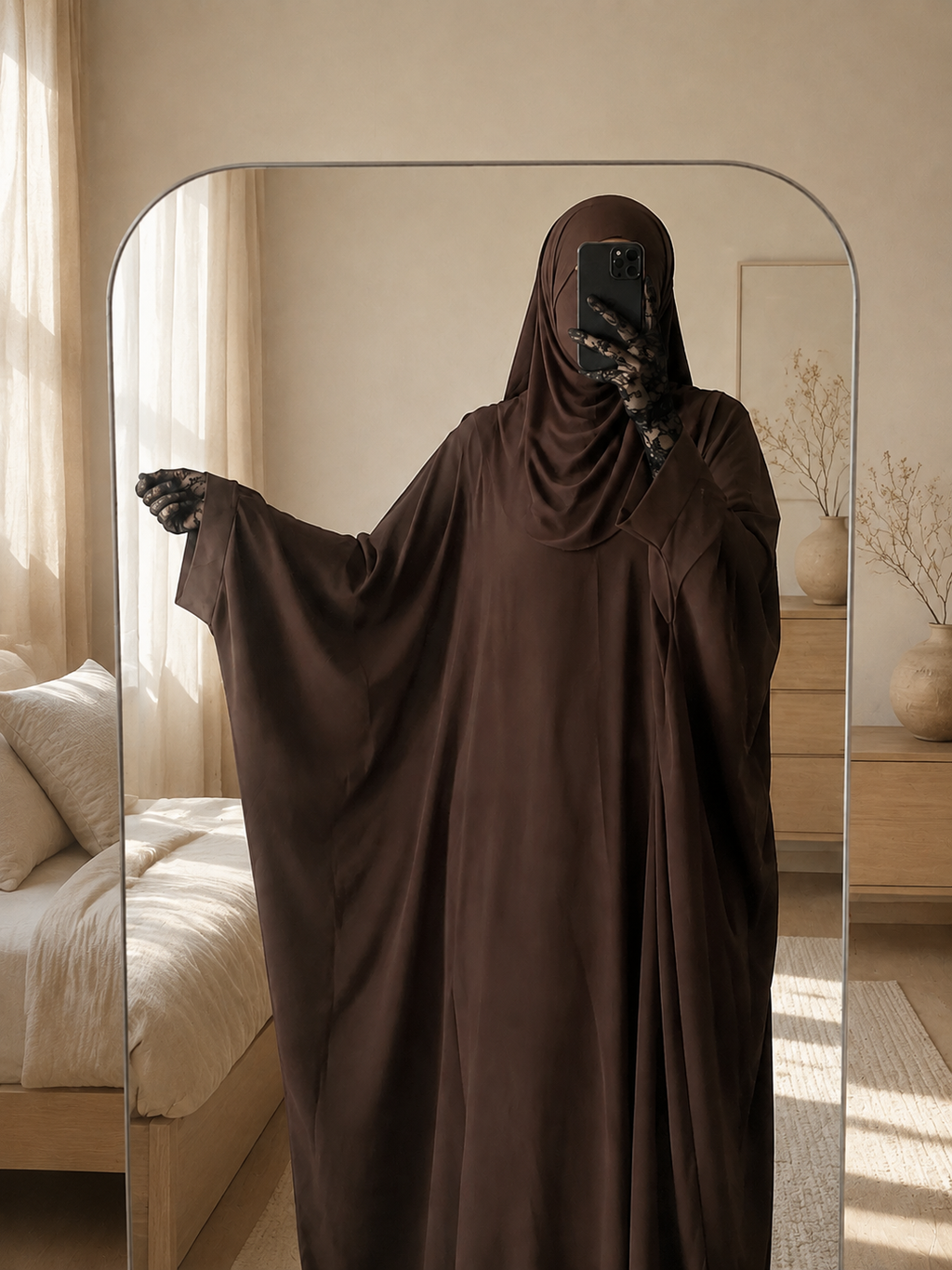 Abaya à manches papillon en soie de Médine chocolat – Amira