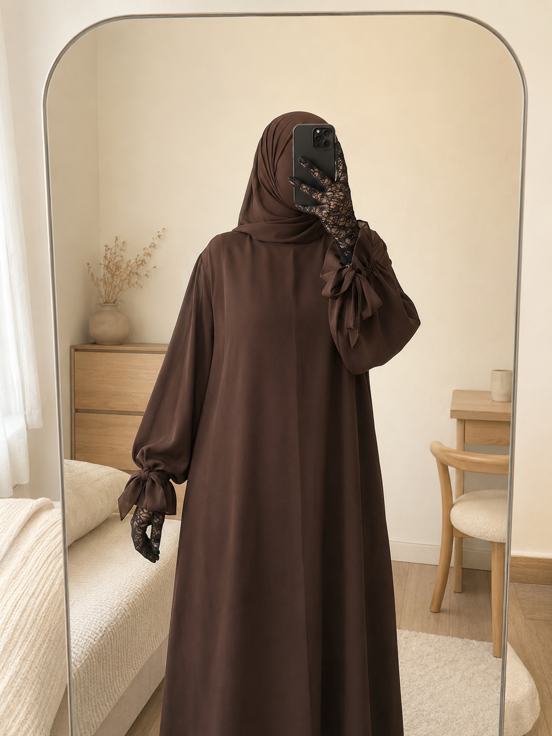 Abaya à manches ballon et nœuds en soie de Médine – Rania